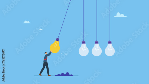 Businessman manager pull bright lightbulb as pendulum to transfer knowledge. Knowledge sharing or skill transfer to inspire team, idea or creativity to motivate people or career improvement.