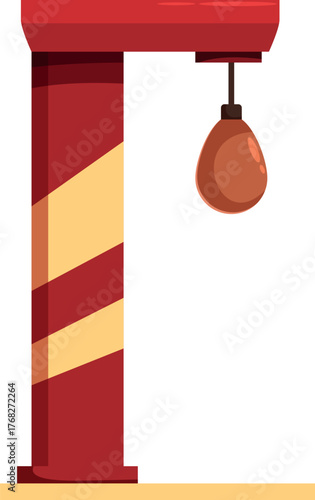 Boxing speed bag hanging on a red and yellow stand is ready for training and improving punching speed and reflexes