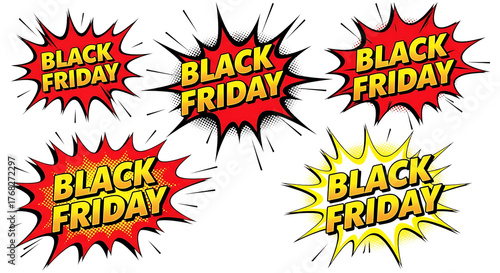 Photo of collection of black friday explosion style comic labels in red and yellow isolated on transparent background