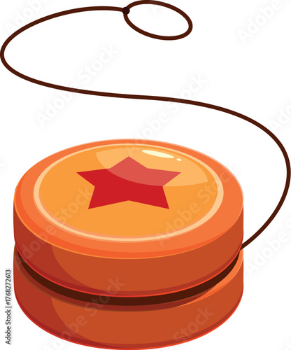 Classic orange yo yo with red star and brown string, perfect for playing and having fun