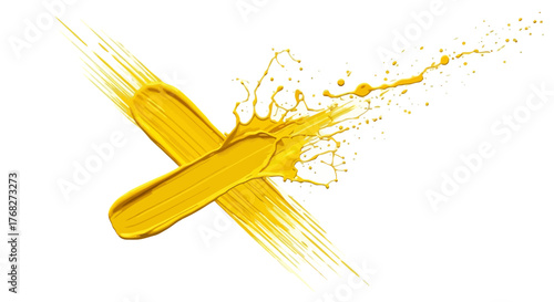 Vibrant yellow paint splash creating dynamic cross with artistic flair and motion effect against
