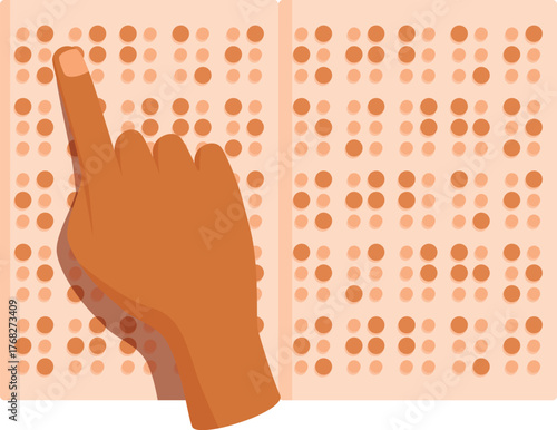 Close up of a hand reading a braille book, touching the raised dots