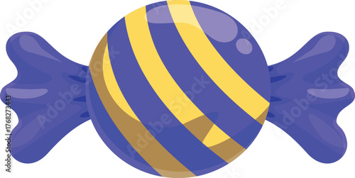 Glossy purple and yellow hard candy with diagonal stripes wrapped in cellophane