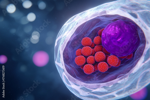 Chlamydia trachomatis bacteria inside a host cell. Red bacterial spheres clustered in a vacuole next to a purple nucleus-like structure, with soft lighting and translucent textures