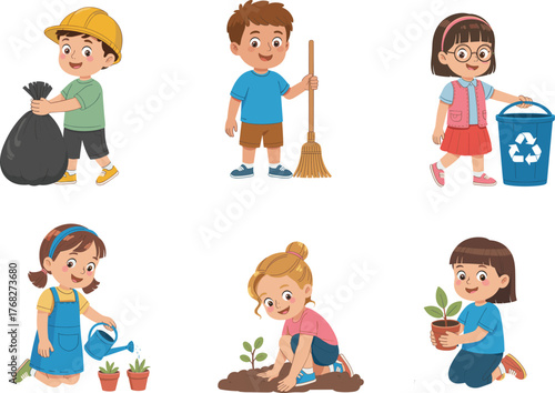 Children doing eco friendly activities, recycling, planting trees, cleaning environment, cartoon kids vector illustration for education, sustainability, Earth Day design