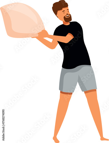 Young man having fun during pillow fight, holding pillow and getting ready to hit
