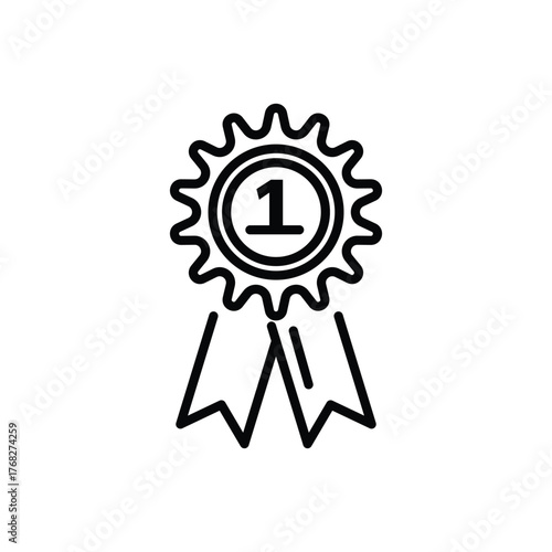 A black and white lineart illustration shows a firstplace award ribbon The ribbon has a circular medallion with the number 1