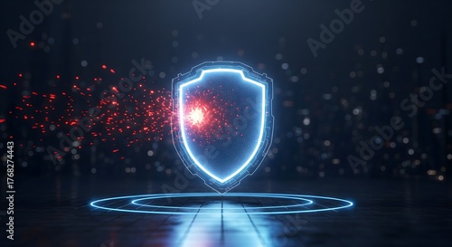 Fototapeta Naklejka Na Ścianę i Meble -  Abstract concept of digital shield protecting data from cyber threats in a futuristic dark environment with glowing neon effects.