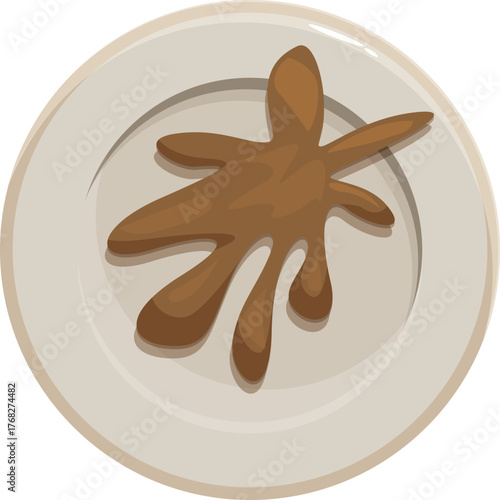 Chocolate sauce creating a splatter pattern on a white plate, illustrating a cooking or serving mishap