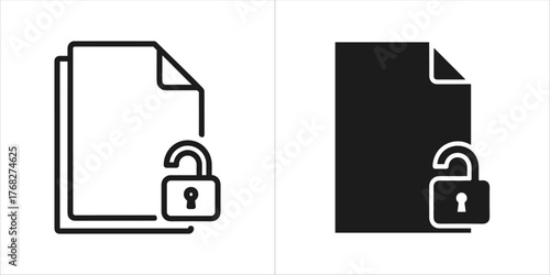 Document icon with unlocked padlock, line and solid style