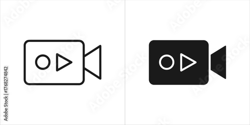 Two video camera icons, one outlined and one solid black, with play button symbol