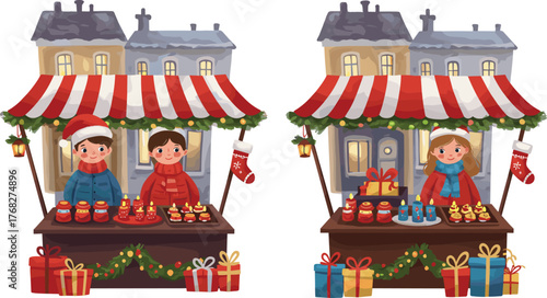 Christmas market stalls with children selling gifts, treats, and jars in festive winter scene with snow, garlands, and decorations
