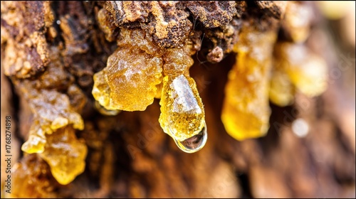 boswellia. Golden resin droplets forming on tree bark in warm sunlight. gardening catalogs, home-decor guides, designed for gardening and botanical catalogs, enhances decor appeal.