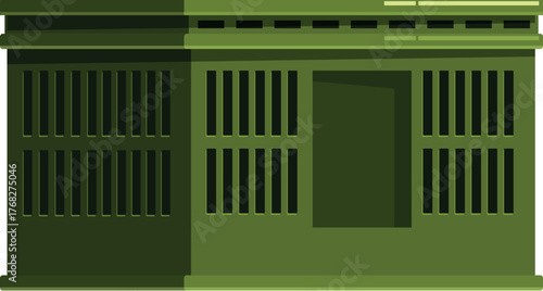 Green military prison building with barred windows and a central door, representing concepts of imprisonment, security, and military detention
