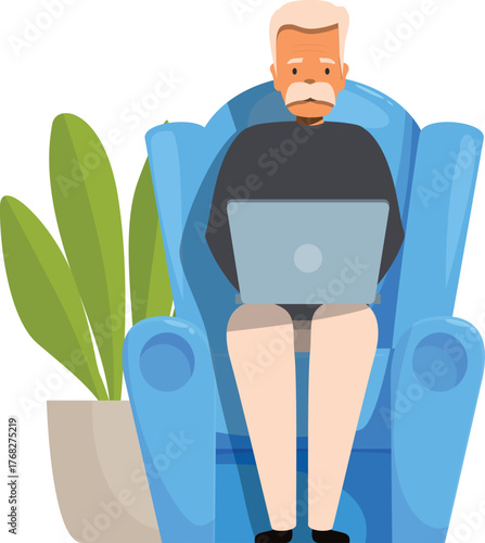Elderly man working or browsing internet using laptop computer at home, sitting comfortably on armchair