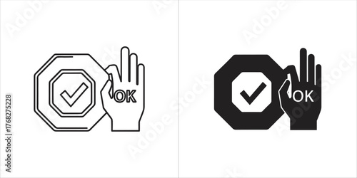 Hand with ok sign and checkmark in octagon