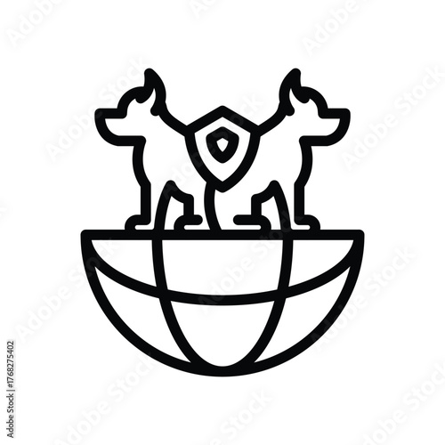 A black line drawing shows two dogs facing away a shield between them atop a globe