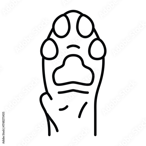 A black linear illustration of a cats paw pad showing the paws overall shape paw pads and claws