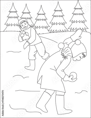 Snow Fight Coloring Page Children Winter Fun Vector