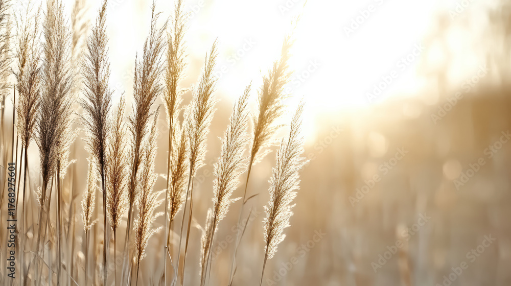 Fototapeta premium Golden sunlight illuminates tall grass, creating serene and tranquil atmosphere