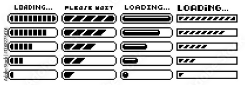 Pixel loading bars. 8-bit UI progress bar, retro loading indicator, pixel art digital interface. Game loader bar, progress animation and pixelated waiting bar vector set