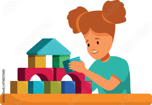 Preschooler girl playing with colorful building blocks at a kindergarten table, developing her creativity and fine motor skills