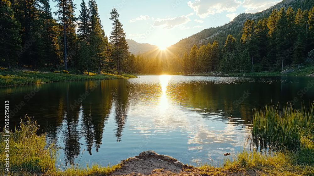 Fototapeta premium Golden sunlight reflects serene lake surrounded by lush pine forest, creating tranquil