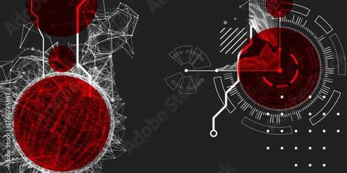Technological art. Combination of sphere with technological lines and circles in one illustration. Vector.