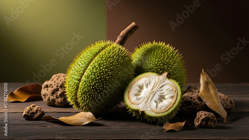 A Close-Up Still Life of Ripe Durians, a Tropical Fruit, Showcasing Their Unique Spiky Texture and Creamy Interior
