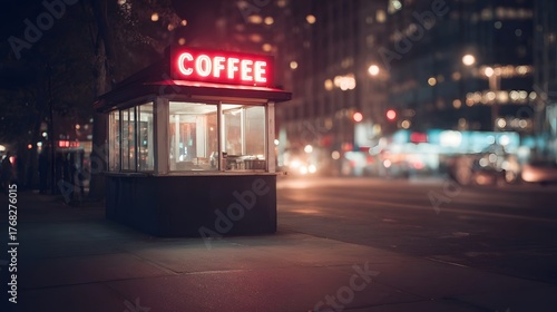 Fototapeta Naklejka Na Ścianę i Meble -  A vibrant red neon COFFEE sign illuminates a small urban street stand at night with blurred city lights in the background