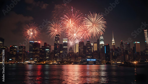 Colorful New Year fireworks display reflection over the river Thames skyline at night