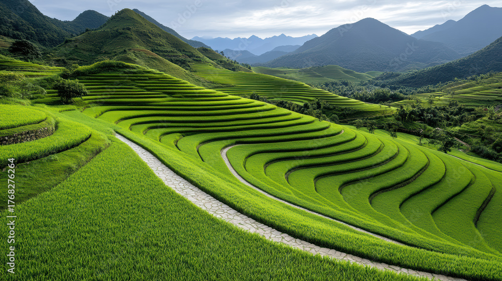 Fototapeta premium Lush green terraces create stunning landscape, showcasing beauty of nature design