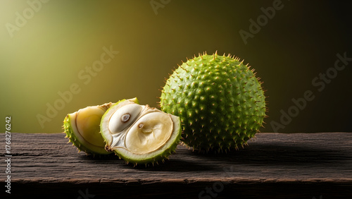 Exotic Durian Fruit Delight Spiky Exterior, Creamy Interior on Rustic Wood
