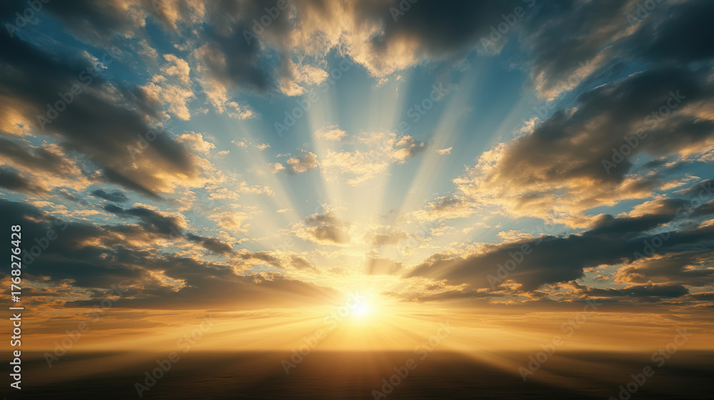 Fototapeta premium Breathtaking sunrise with rays of light breaking through clouds, creating serene atmosphere