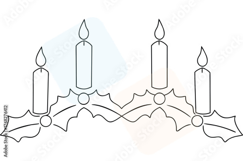Advent wreath with four candles and holly leaves drawing offering a minimalist holiday design with spiritual and cultural associations representing light and hope
