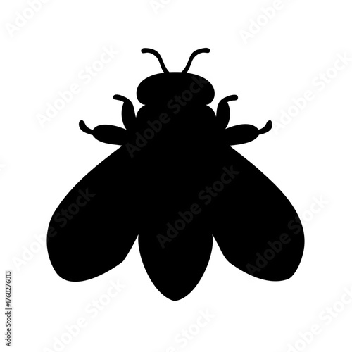 Simple minimalist graphic silhouette of a flying insect, likely a bee