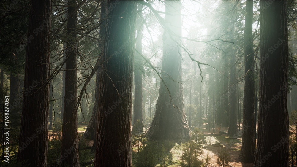 Naklejka premium Morning light dances through the dense canopy of a majestic forest. Tall trees stand proud amidst a tranquil atmosphere, creating a peaceful sanctuary for all to enjoy.