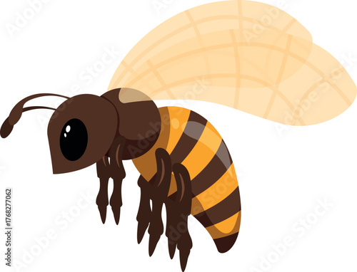 Cartoon illustration of a friendly honey bee flying and showing its stinger