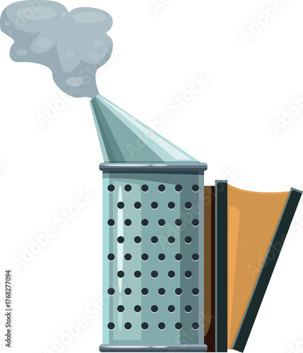 Bee smoker blowing smoke, essential tool for calming bees during hive inspections and honey harvesting