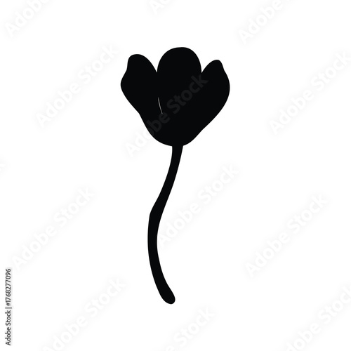 Silhouette of a stylized flower with three petals and a curving stem