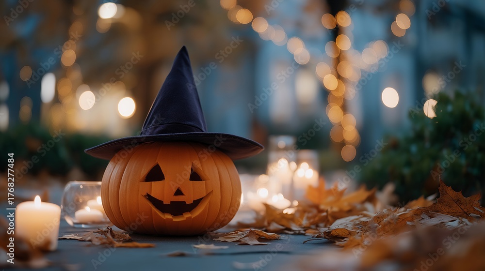 Naklejka premium Smiling pumpkin with a witch hat surrounded by candles and fallen leaves, emotion of cozy charm and enchantment visible, representing seasonal creativity, spooky atmosphere, and handcrafted