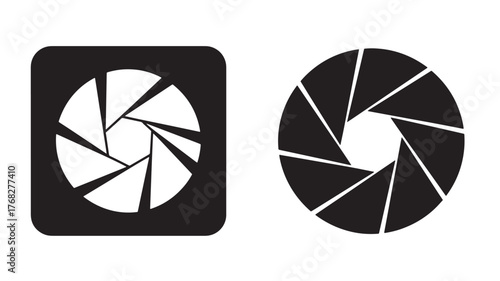 Two camera aperture icons in solid black ideal for design on transparent background silhouette