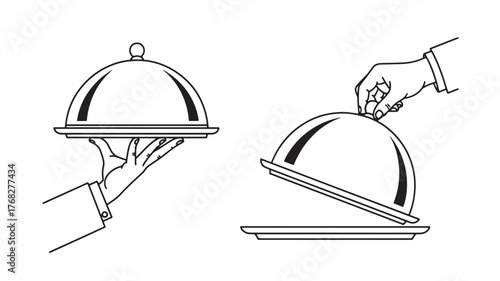 Elegant waiter serving dish and uncovered platter illustration on transparent background silhouette