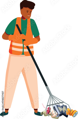 Man wearing safety vest collecting trash in urban environment using reach extender tool, promoting cleanliness and waste management