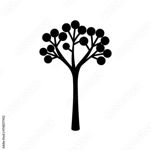 Simple black tree silhouette with round fruit or berries in abundance