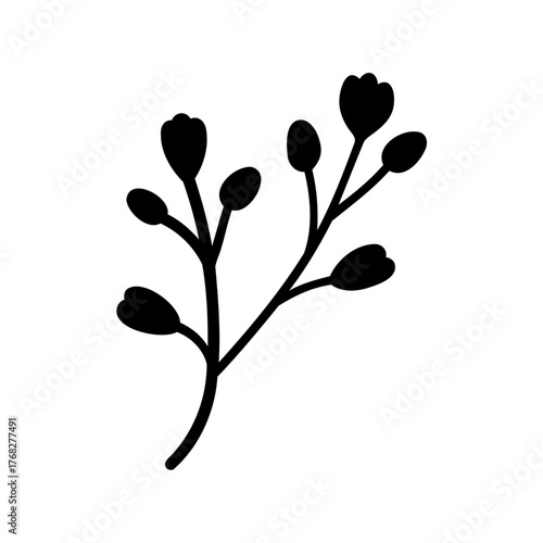 Black silhouette of a blossoming branch with buds and leaves on white