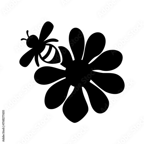 Black silhouette of a bee approaching a flower, on a white background