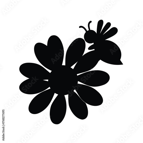 Silhouette of a bee visiting a flower with rounded petals, simple style