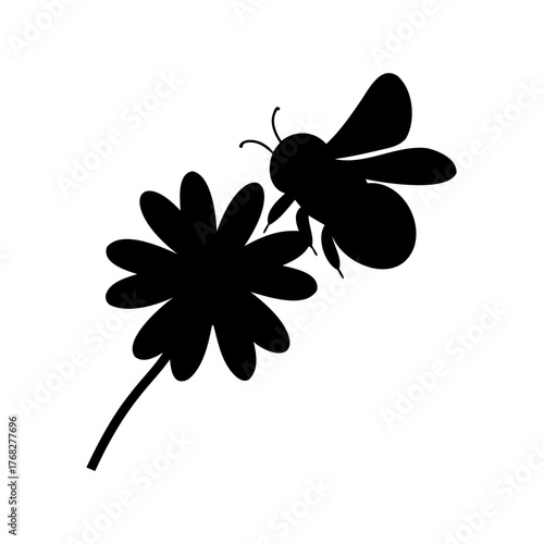 Monochrome silhouette of a bee visiting a flower for nectar collection
