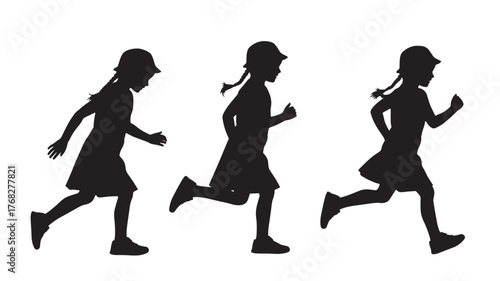 Three girls running playfully a delightful black silhouette on transparent background